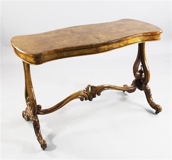 Victorian burr walnut serpentine stretcher table(-)